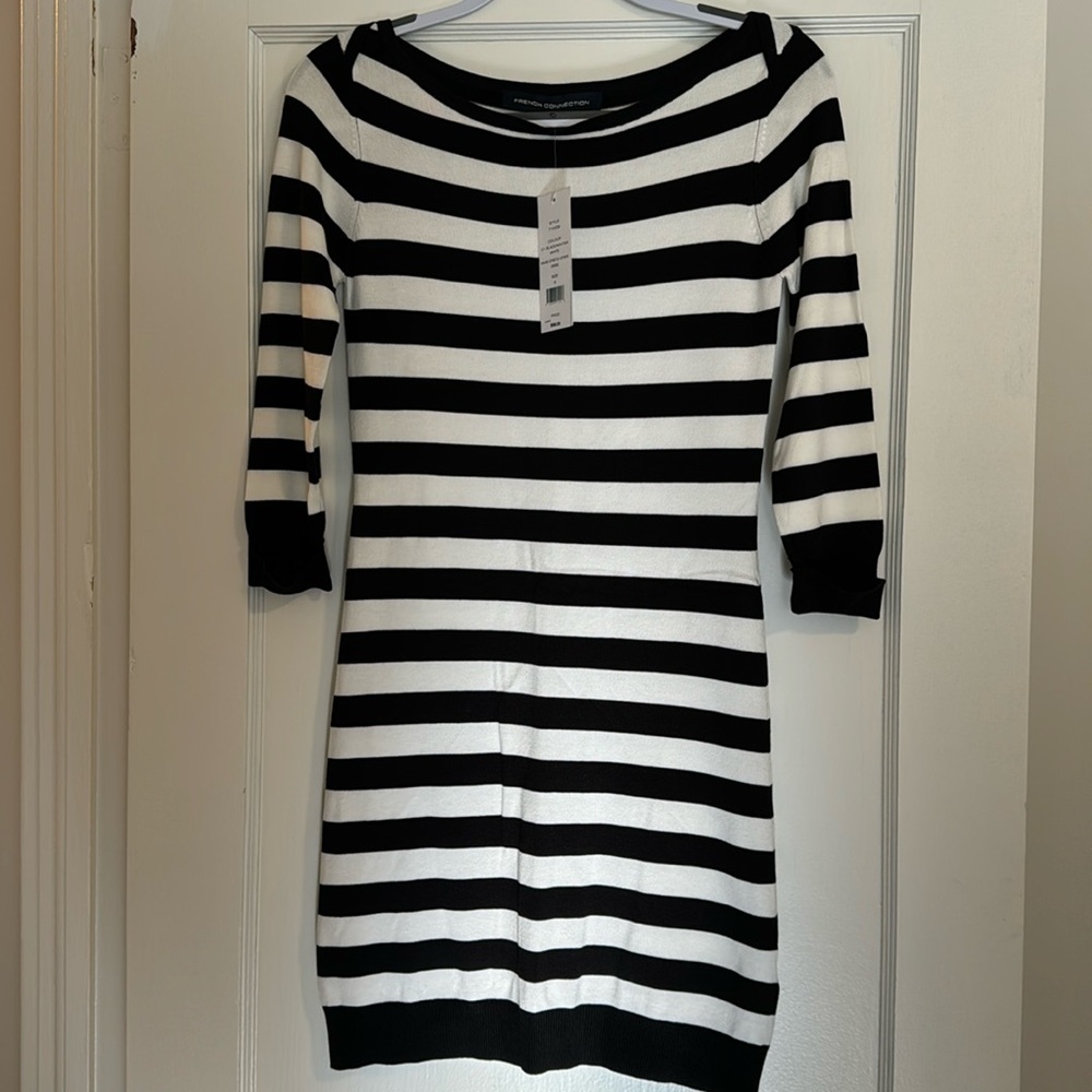 Women’s French Connection Black & White Striped Sweater Dress, Size 6, NWT